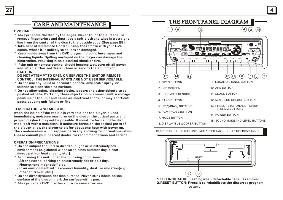 4the front panel diagram the front panel diagram, 27 care and maintenance care and maintenance | Radio Shack PLDVD188 User Manual | Page 5 / 16