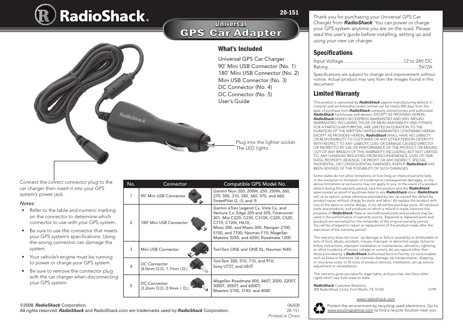 Radio Shack GPS Car Adapter User Manual | 1 page