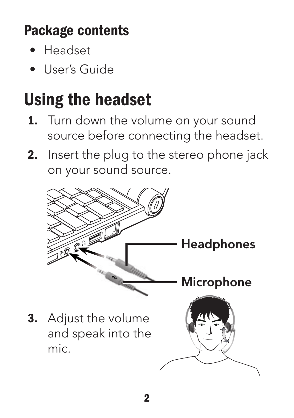 Using the headset, Package contents | Radio Shack 33-1187 User Manual | Page 2 / 6