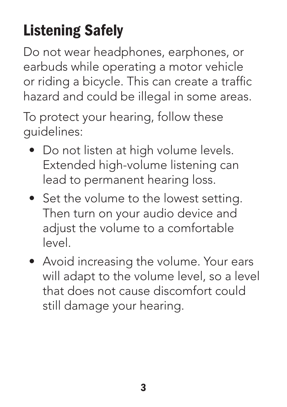 Listening safely | Radio Shack 33-1187 User Manual | Page 3 / 6