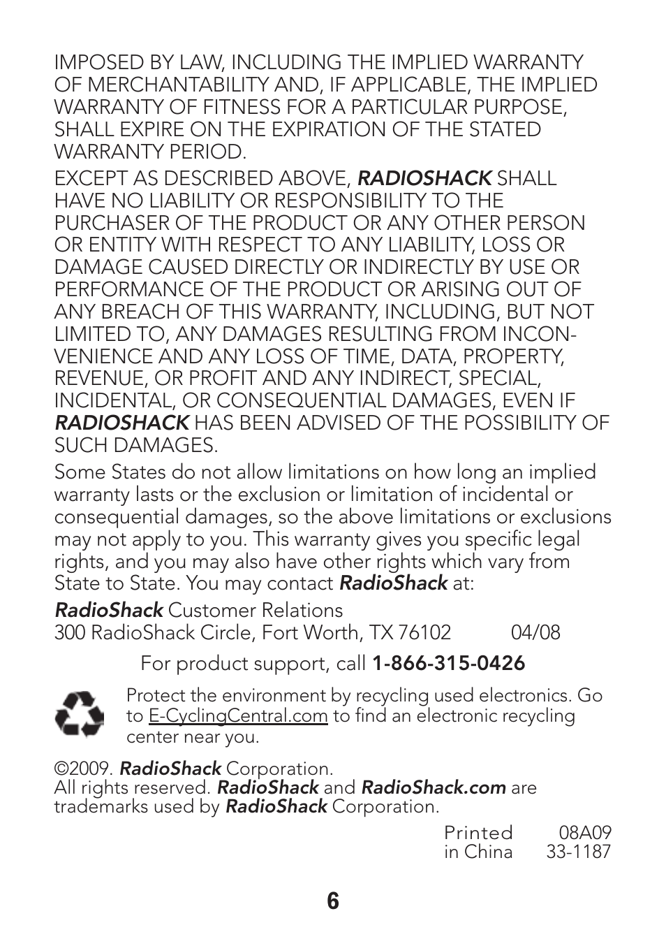 Radio Shack 33-1187 User Manual | Page 6 / 6