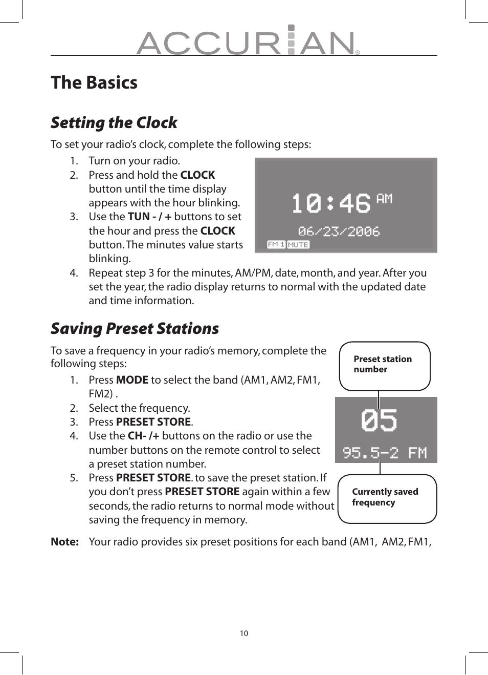 The basics, Setting the clock, Saving preset stations | Radio Shack 12-1686 User Manual | Page 10 / 14