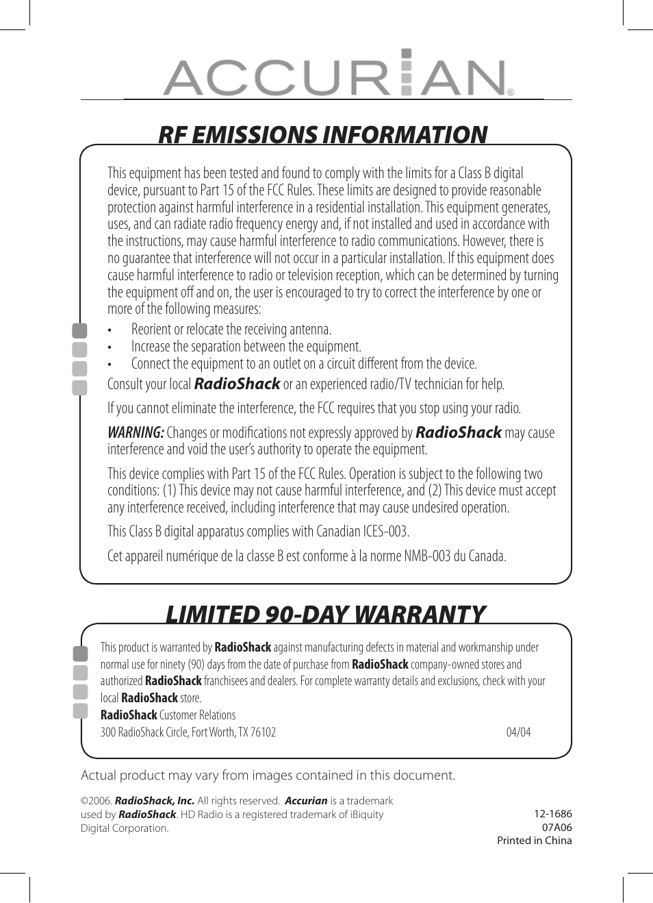 Rf emissions information limited 90-day warranty | Radio Shack 12-1686 User Manual | Page 14 / 14