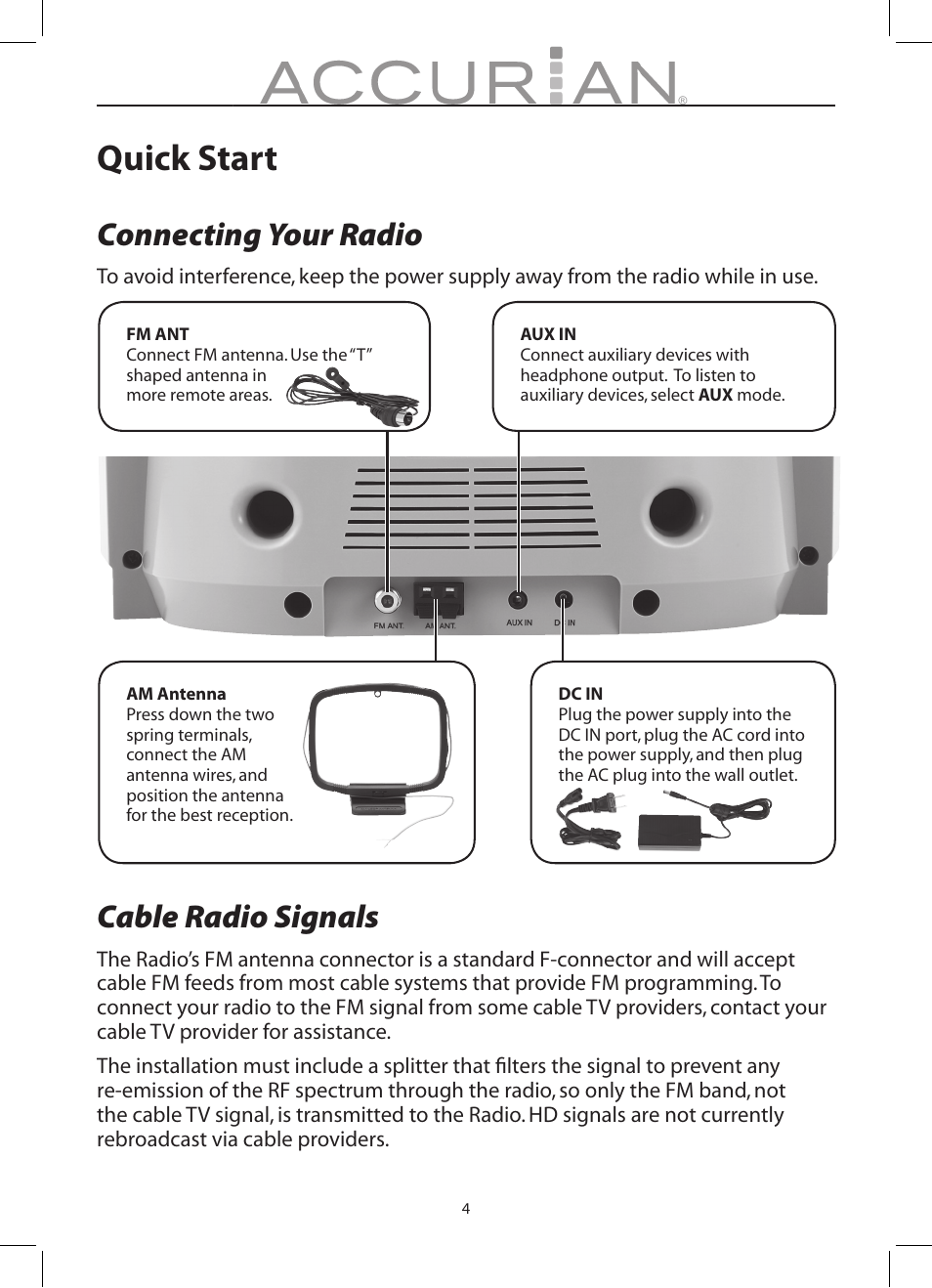 Quick start, Connecting your radio, Cable radio signals | Radio Shack 12-1686 User Manual | Page 4 / 14