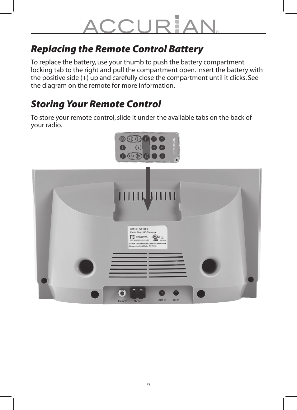 Replacing the remote control battery, Storing your remote control | Radio Shack 12-1686 User Manual | Page 9 / 14