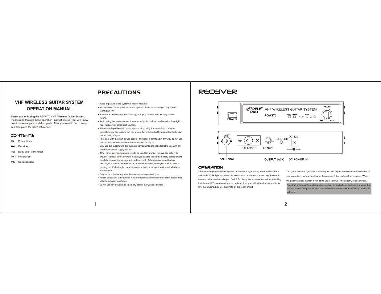 Vhf wireless guitar system operation manual | Radio Shack PGW170 User Manual | Page 2 / 4