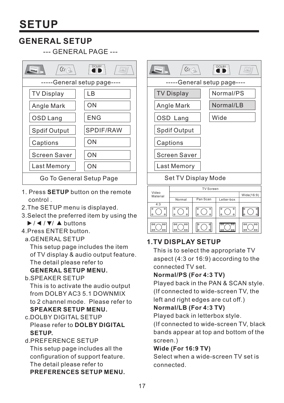 Setup, General setup | Radio Shack PLD187V User Manual | Page 18 / 24