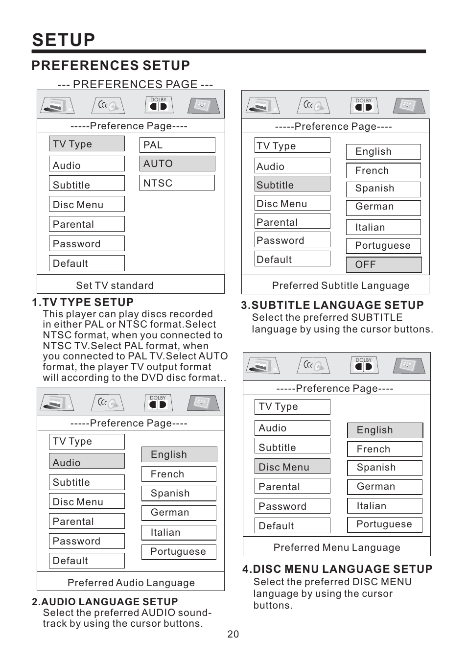 Setup, Preferences setup | Radio Shack PLD187V User Manual | Page 21 / 24