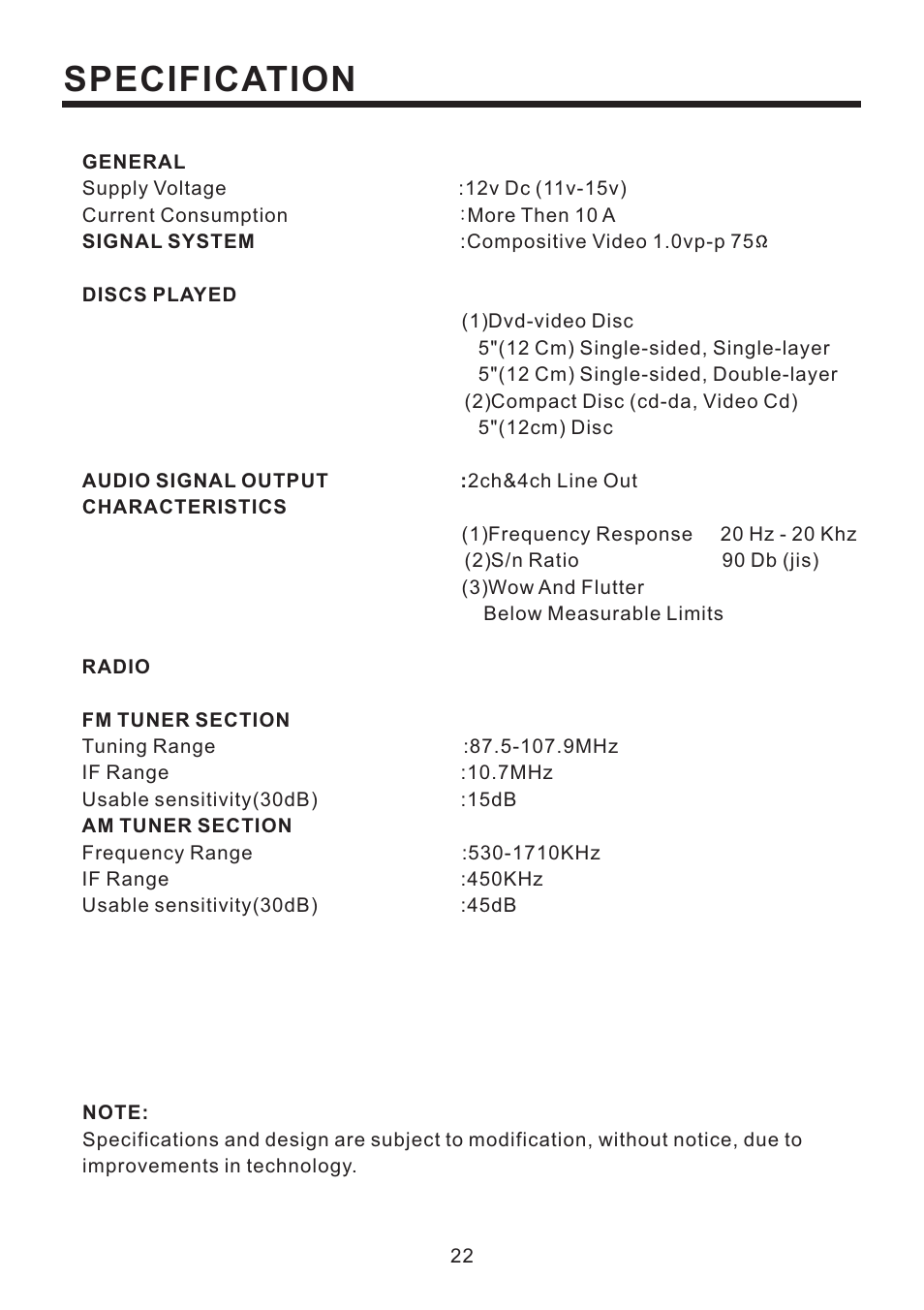 Specification | Radio Shack PLD187V User Manual | Page 23 / 24