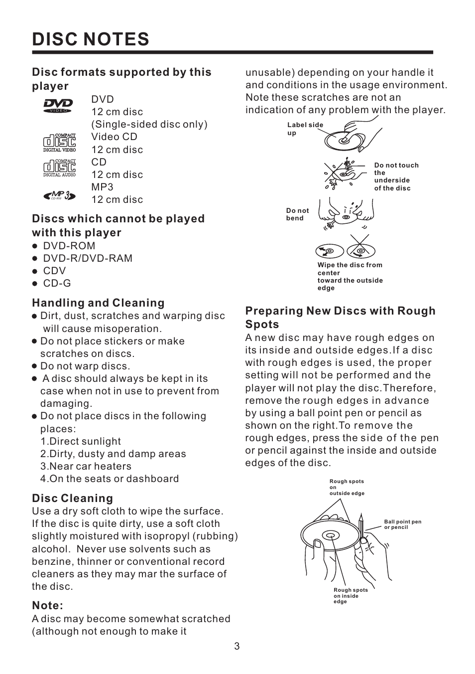 Preparing new discs with spots rough, Disc formats supported by this player, Disc cleaning | Handling and cleaning, Discs which cannot be played with this player | Radio Shack PLD187V User Manual | Page 4 / 24