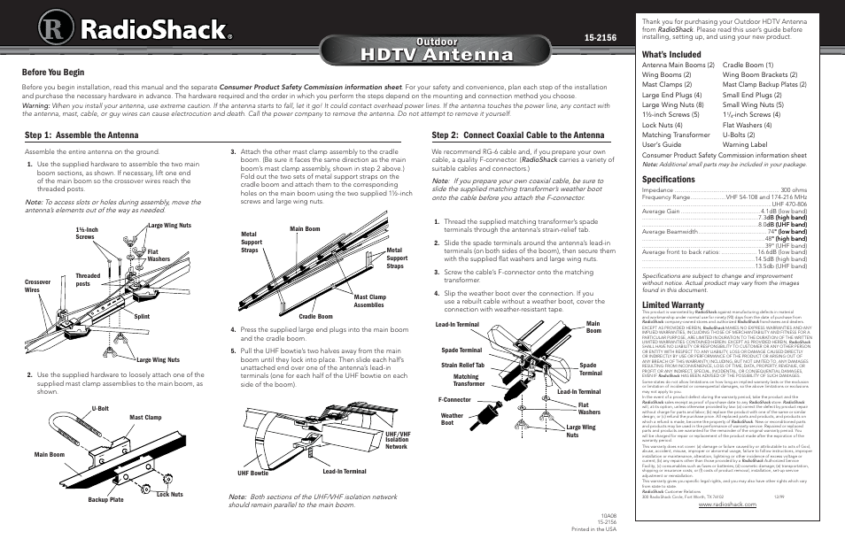 Radio Shack VU-190XR User Manual | 2 pages