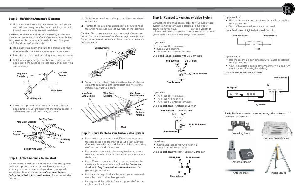 Step 6: connect to your audio/video system, Step 3: unfold the antenna’s elements, Step 4: attach antenna to the mast | Step 5: route cable to your audio/video system | Radio Shack VU-190XR User Manual | Page 2 / 2