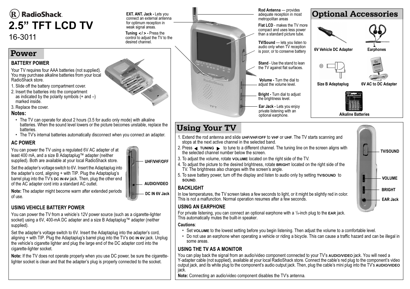 Radio Shack 16-3011 User Manual | 2 pages