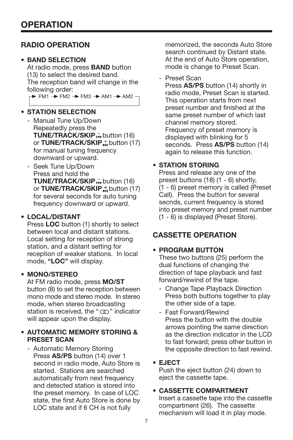 Operation, Radio operation, Cassette operation | Radio Shack PLCDCS 200 User Manual | Page 7 / 12