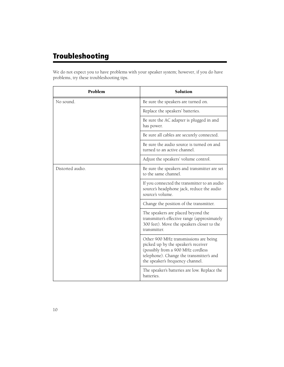 Troubleshooting | Radio Shack Speaker User Manual | Page 10 / 12