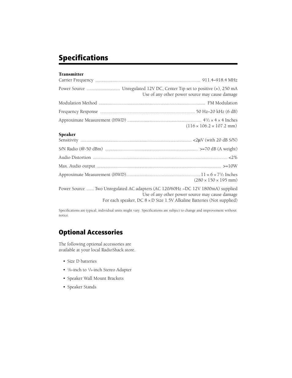 Specifications, Optional accessories | Radio Shack Speaker User Manual | Page 11 / 12