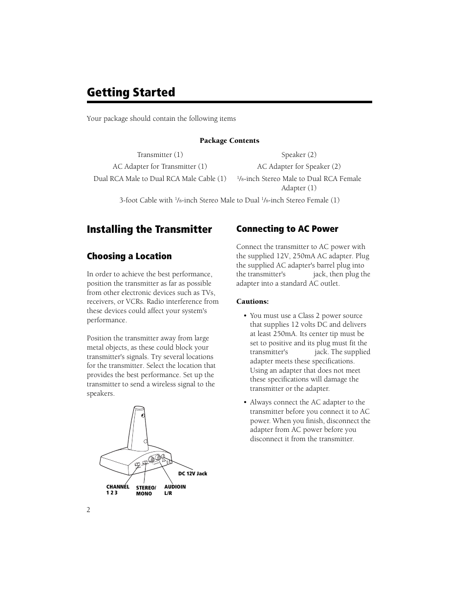 Getting started, Installing the transmitter, Choosing a location | Connecting to ac power | Radio Shack Speaker User Manual | Page 2 / 12