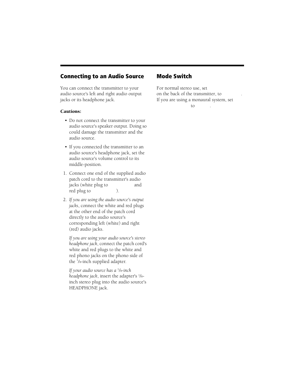 Connecting to an audio source, Mode switch | Radio Shack Speaker User Manual | Page 3 / 12