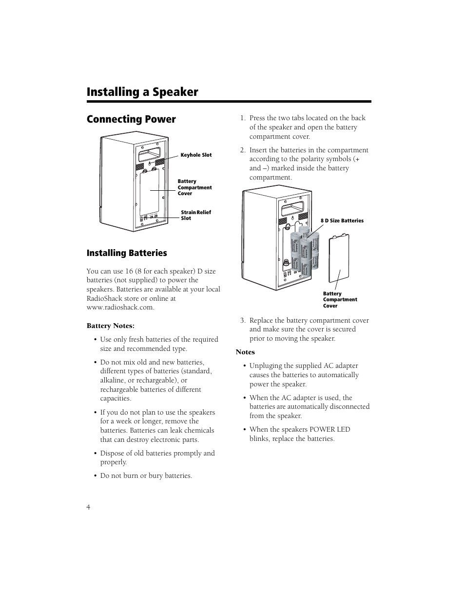 Installing a speaker, Connecting power | Radio Shack Speaker User Manual | Page 4 / 12