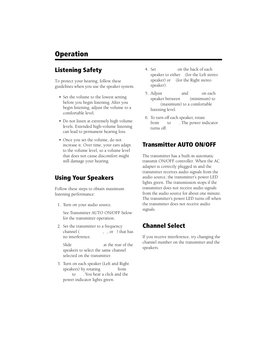 Operation, Listening safety, Using your speakers | Transmitter auto on/off, Channel select | Radio Shack Speaker User Manual | Page 7 / 12