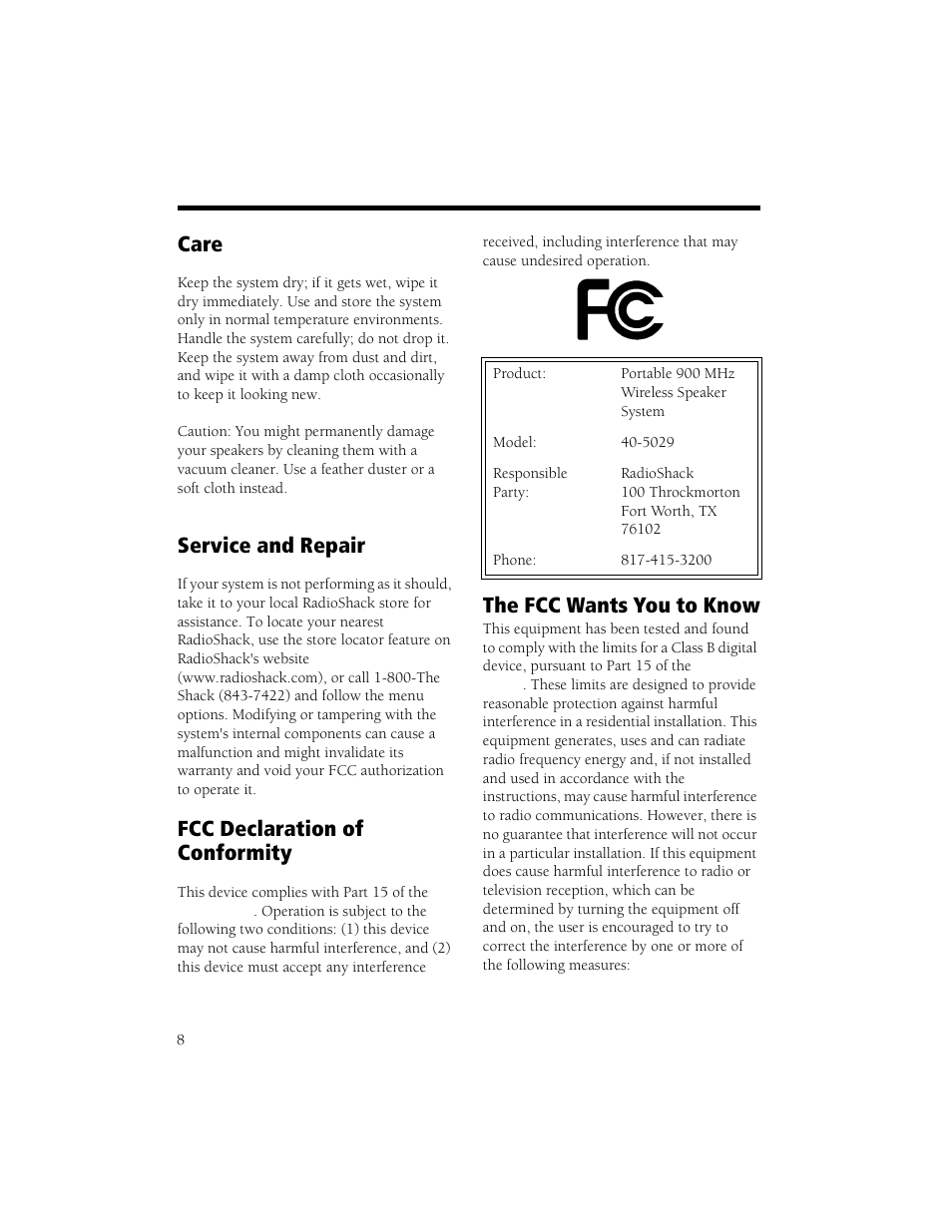 Care, Service and repair, Fcc declaration of conformity | The fcc wants you to know | Radio Shack Speaker User Manual | Page 8 / 12