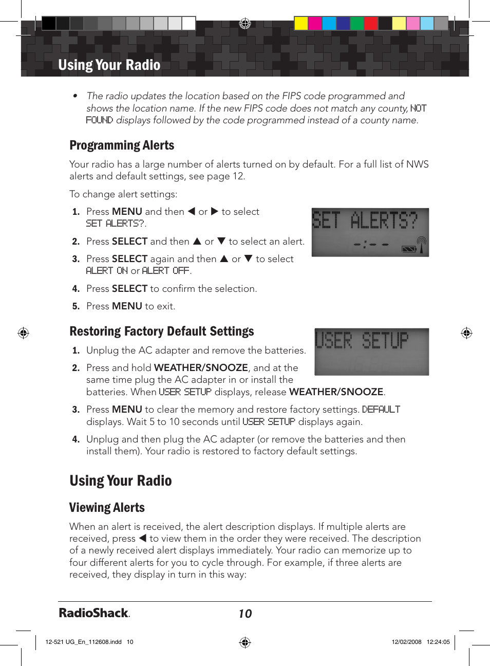 Level 2 heading, Level 3 heading, Codes | Using your radio, Programming alerts, Restoring factory default settings, Viewing alerts | Radio Shack 12-521 User Manual | Page 10 / 20