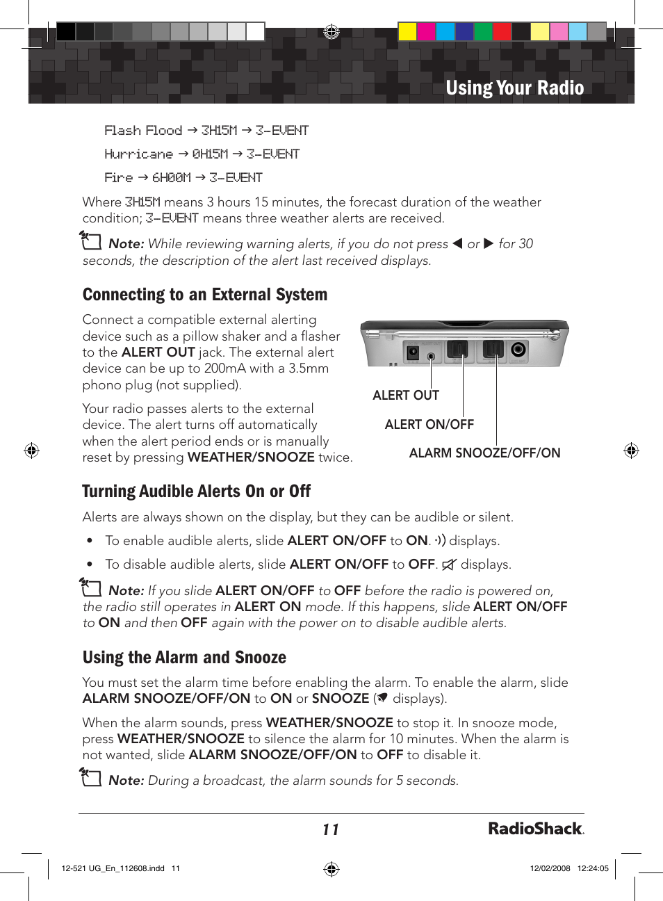 Using your radio, Connecting to an external system, Turning audible alerts on or off | Using the alarm and snooze | Radio Shack 12-521 User Manual | Page 11 / 20