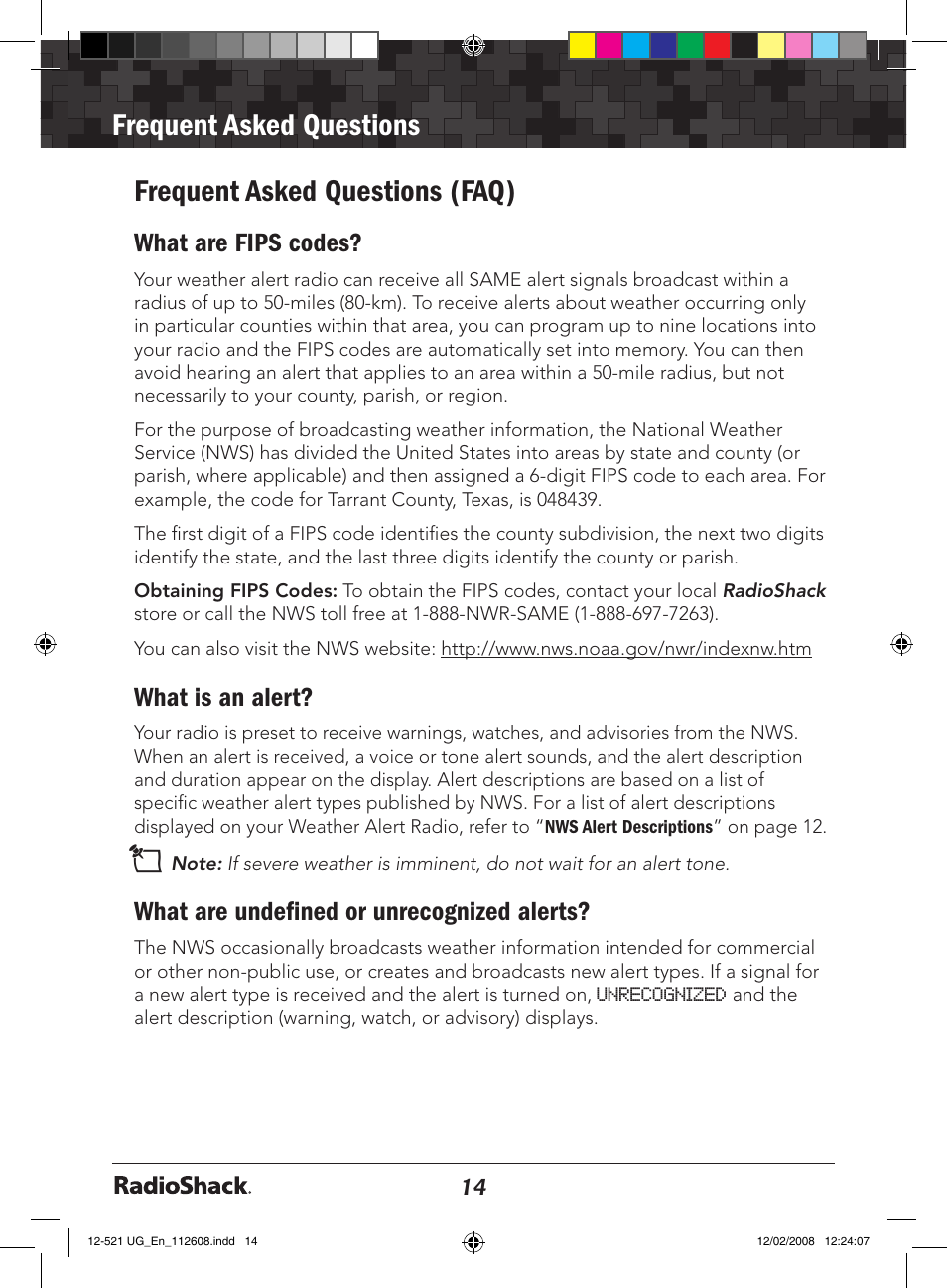 Third major function/section (level 1 heading), Frequent asked questions, Frequent asked questions (faq) | What are fips codes, What is an alert, What are undefined or unrecognized alerts | Radio Shack 12-521 User Manual | Page 14 / 20