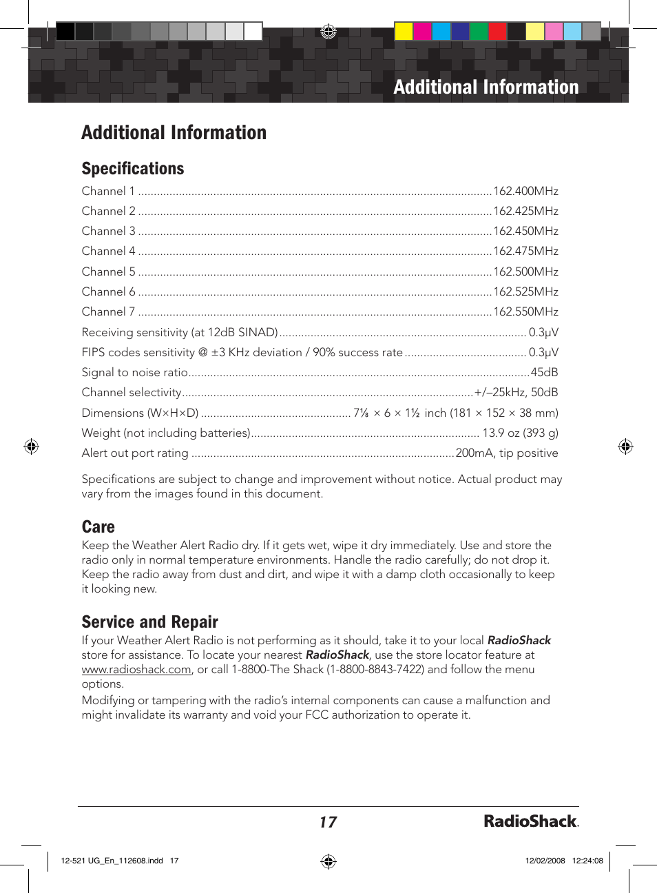 Additional information, Specifications, Care | Service and repair | Radio Shack 12-521 User Manual | Page 17 / 20