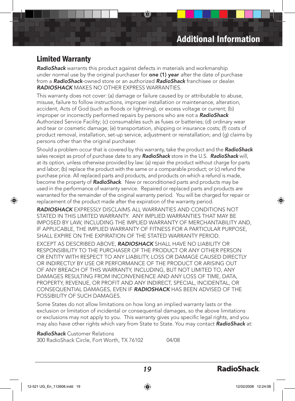 Additional information, Limited warranty | Radio Shack 12-521 User Manual | Page 19 / 20