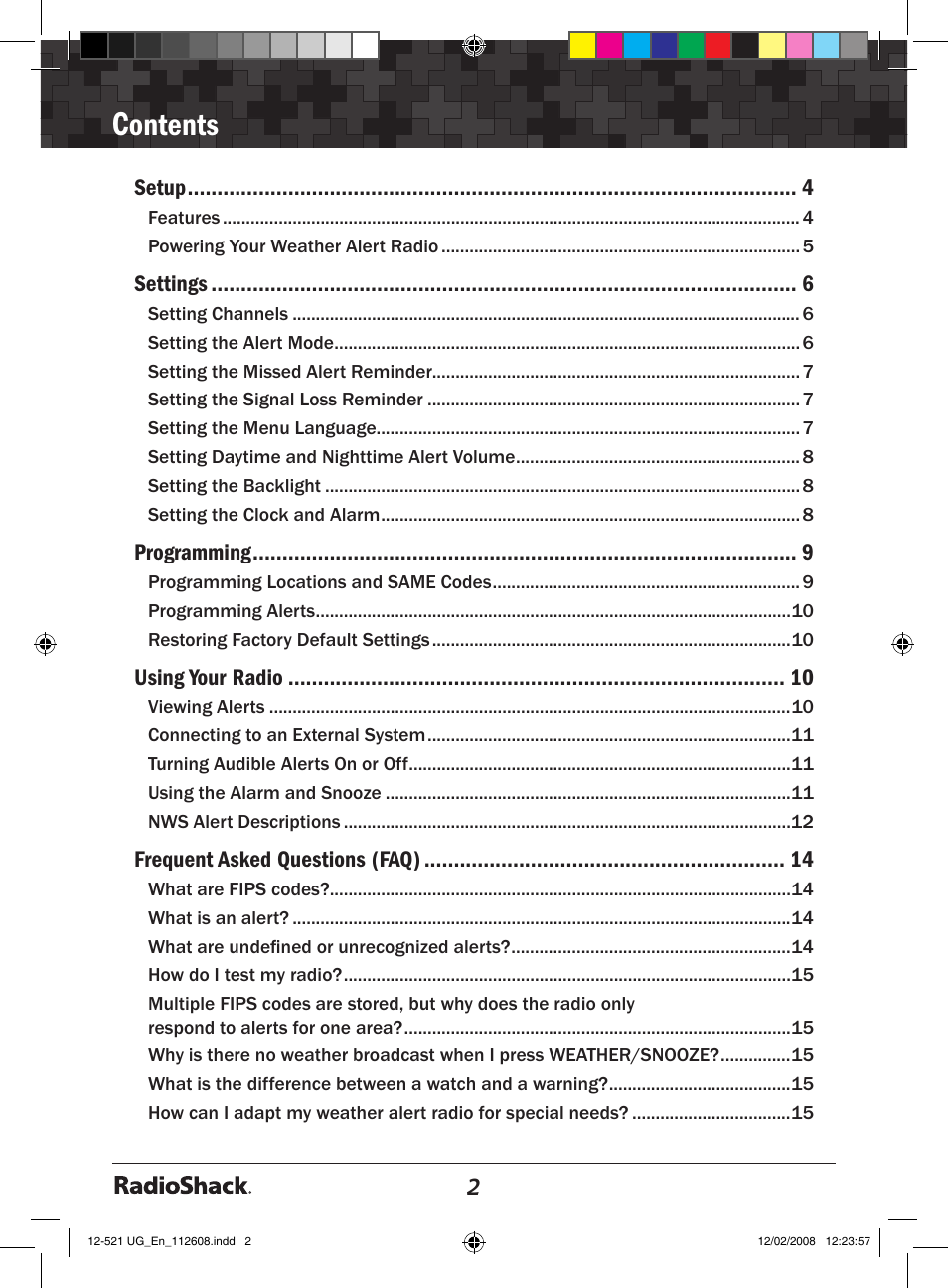 Ontents | Radio Shack 12-521 User Manual | Page 2 / 20