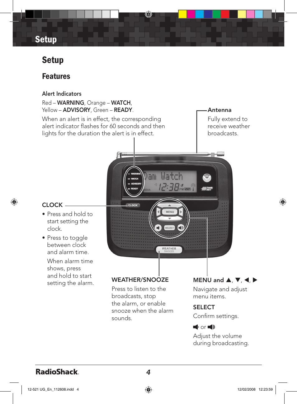 Setup, Features | Radio Shack 12-521 User Manual | Page 4 / 20