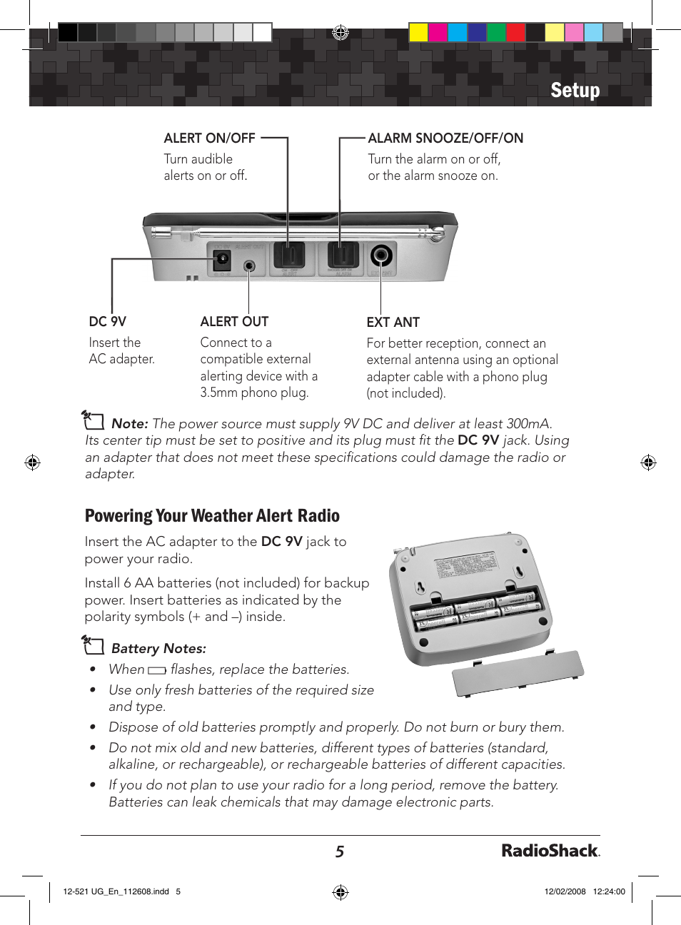 Setup, Powering your weather alert radio | Radio Shack 12-521 User Manual | Page 5 / 20