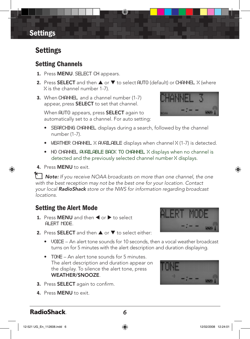 Product name] setup, Product name] features, Settings | Channels, Setting channels, Setting the alert mode | Radio Shack 12-521 User Manual | Page 6 / 20