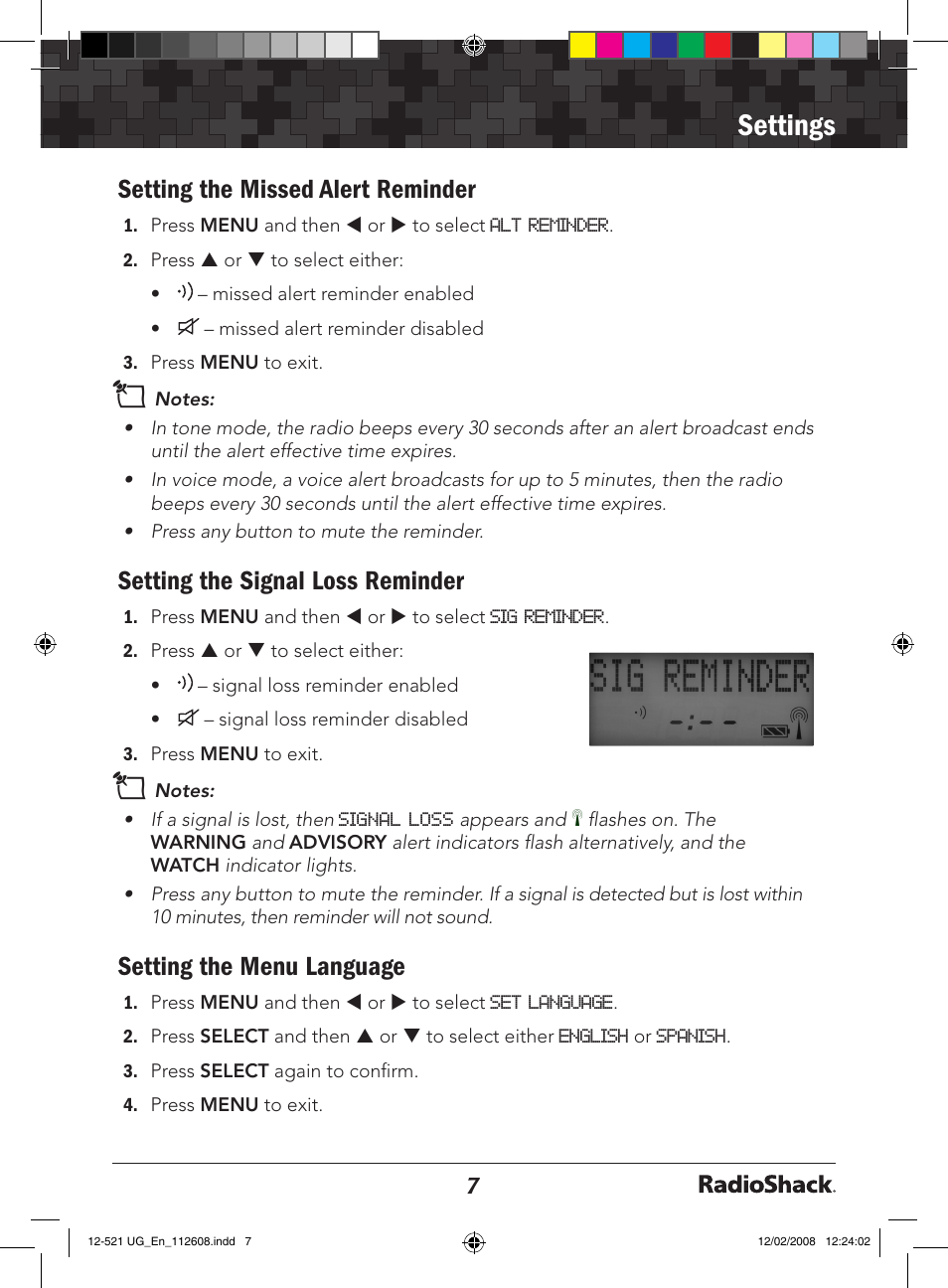 Settings, Setting the missed alert reminder, Setting the signal loss reminder | Setting the menu language | Radio Shack 12-521 User Manual | Page 7 / 20