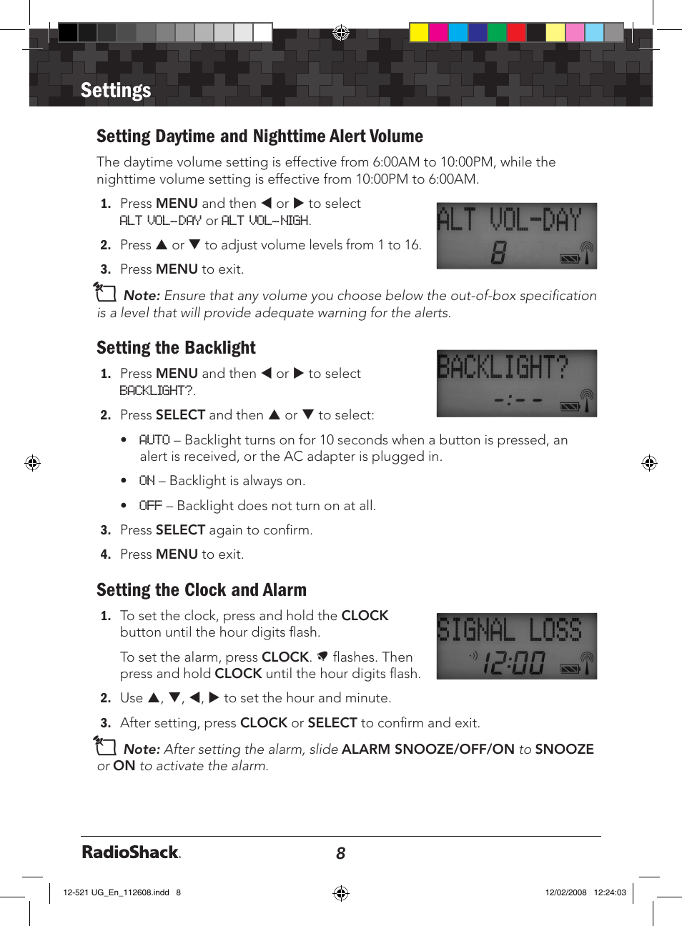 Attach the, Set up the, Power your [product name | Mode, Eminder, Language, Settings, Setting daytime and nighttime alert volume, Setting the backlight, Setting the clock and alarm | Radio Shack 12-521 User Manual | Page 8 / 20