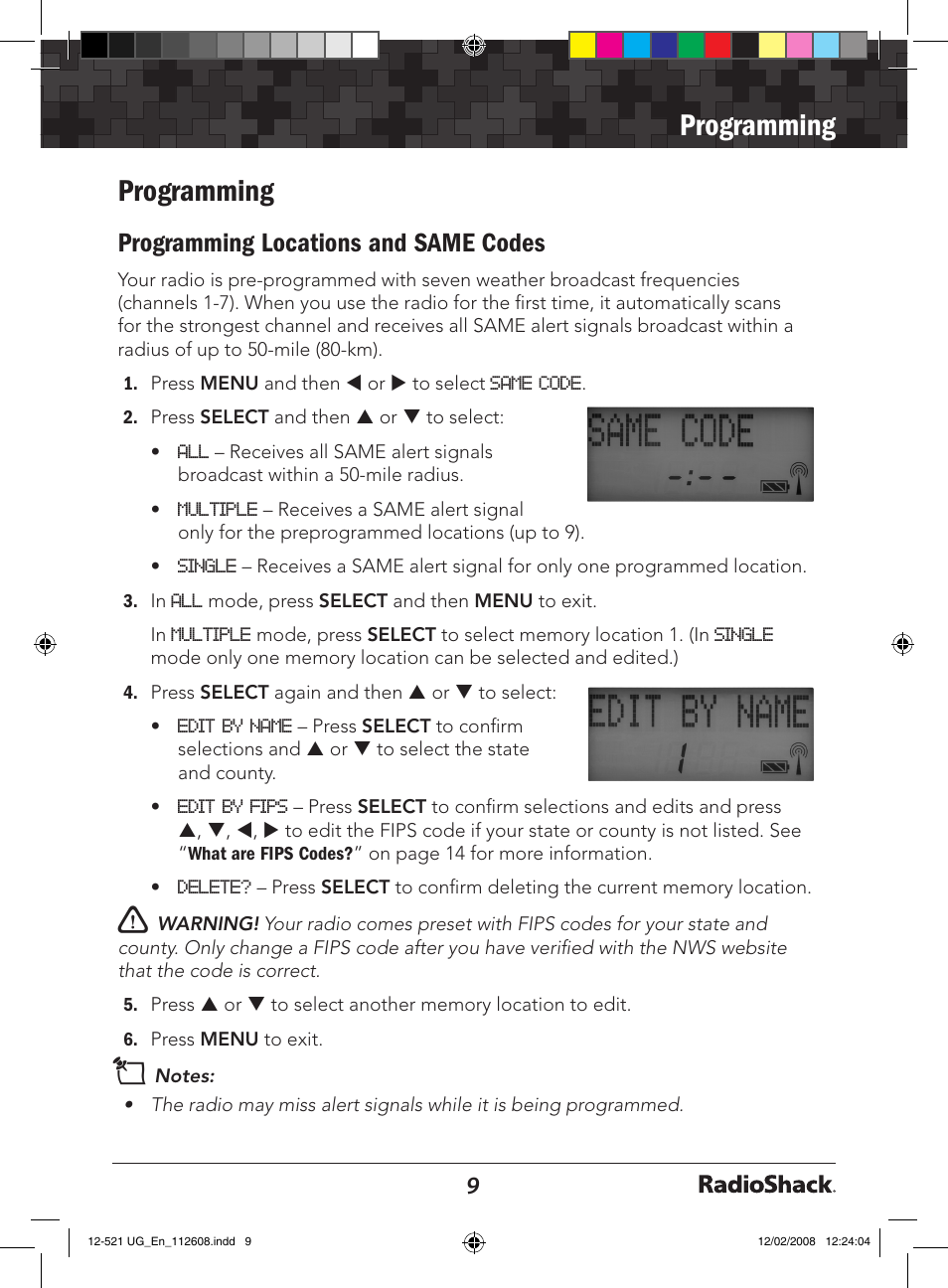 Programming, Programming locations and same codes | Radio Shack 12-521 User Manual | Page 9 / 20