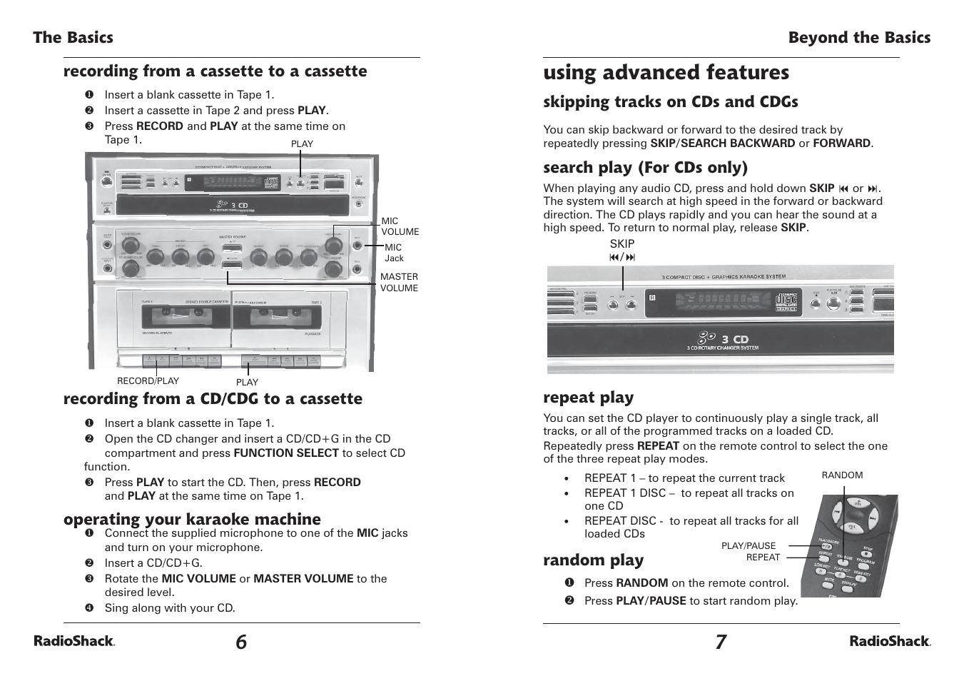 Using advanced features, The basics, Beyond the basics | Skipping tracks on cds and cdgs, Search play (for cds only), Repeat play, Random play, Recording from a cassette to a cassette, Recording from a cd/cdg to a cassette, Operating your karaoke machine | Radio Shack SEMI-PRO 3 CDG 32-3043 User Manual | Page 4 / 7