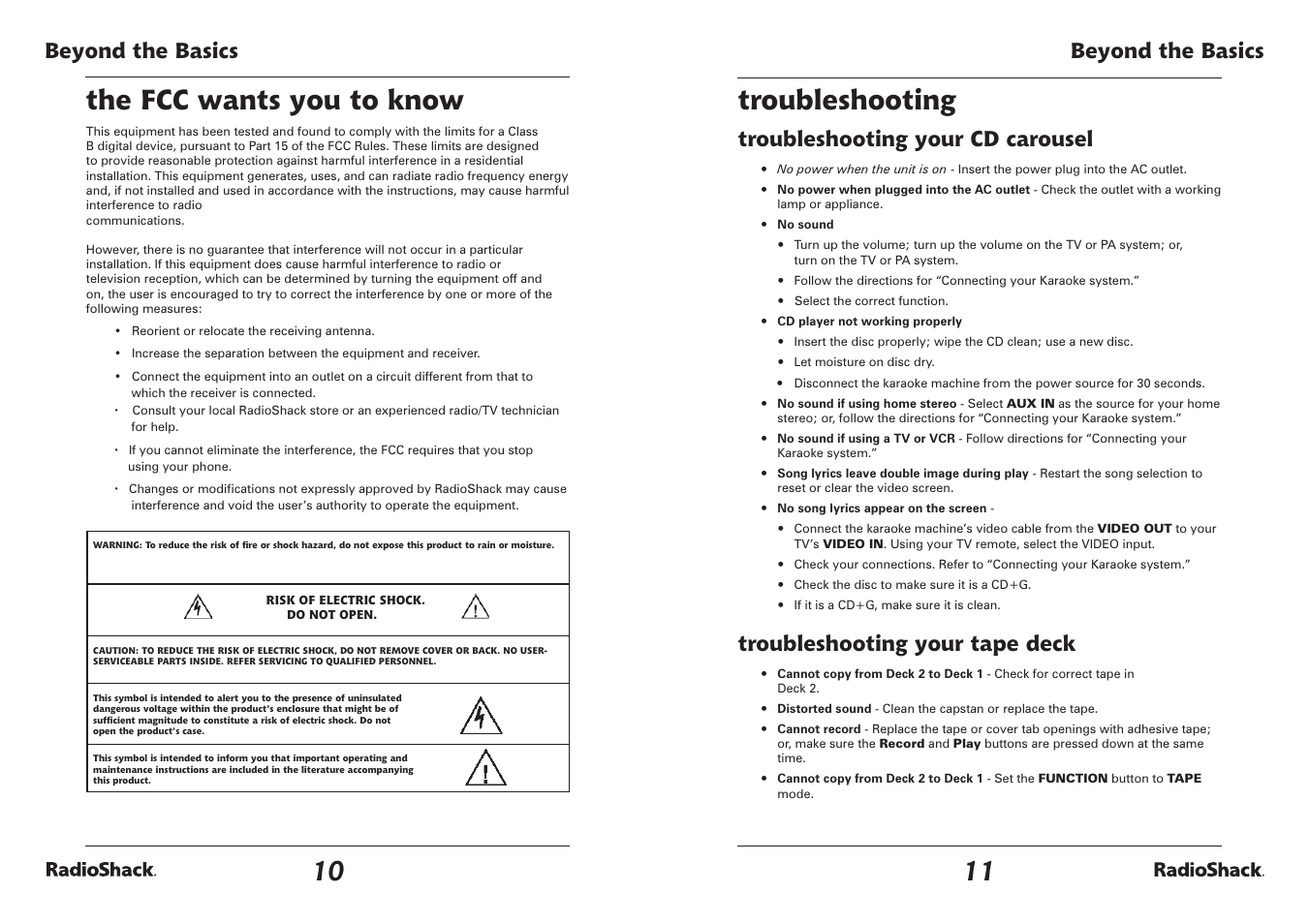 The fcc wants you to know, Troubleshooting, Beyond the basics | Troubleshooting your cd carousel, Troubleshooting your tape deck | Radio Shack SEMI-PRO 3 CDG 32-3043 User Manual | Page 6 / 7