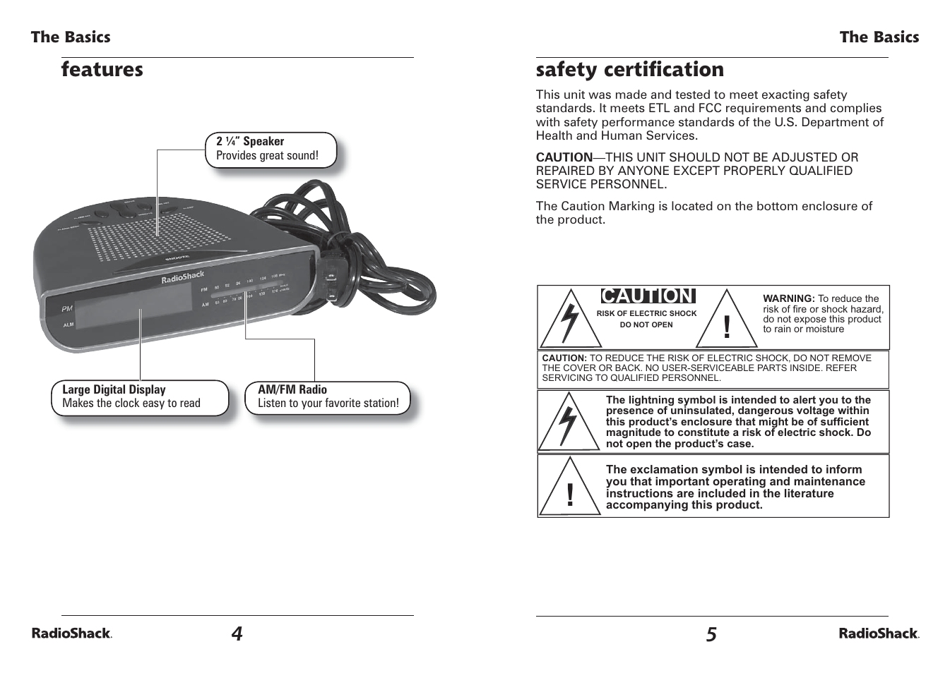Features, Safety certiﬁ cation, Caution | Radio Shack 12-1655 User Manual | Page 3 / 9