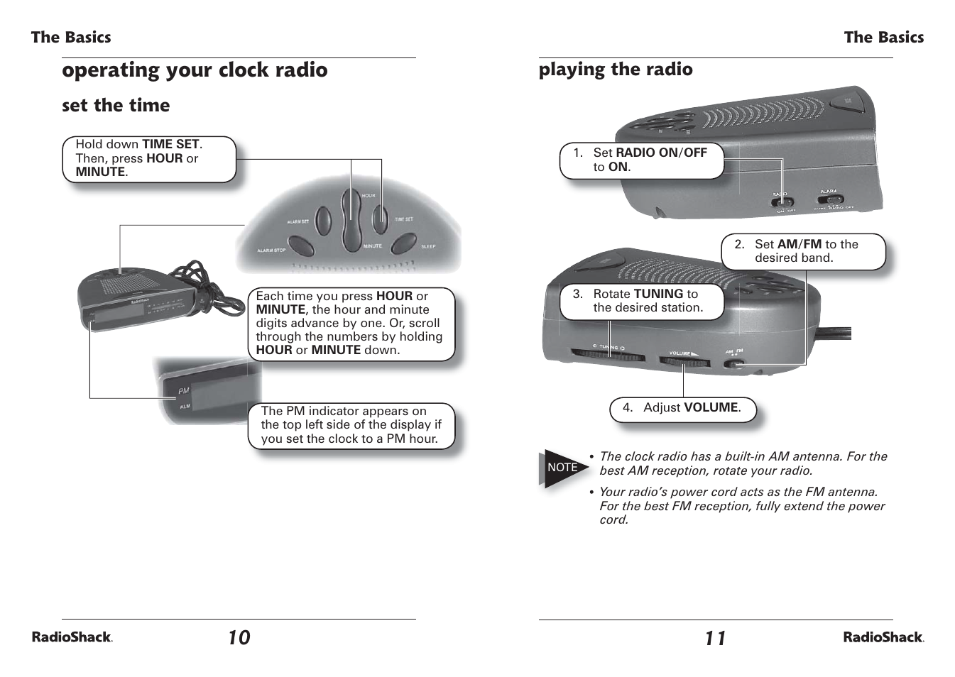 Operating your clock radio, Set the time, Playing the radio | Radio Shack 12-1655 User Manual | Page 6 / 9