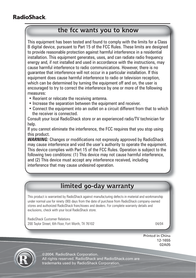 Radio Shack 12-1655 User Manual | Page 9 / 9