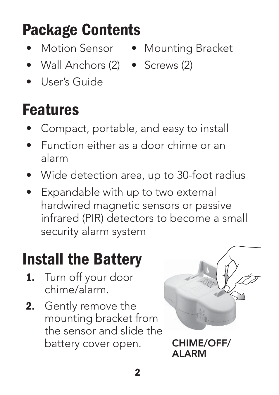 Package contents, Features, Install the battery | Radio Shack 49-426 User Manual | Page 2 / 10