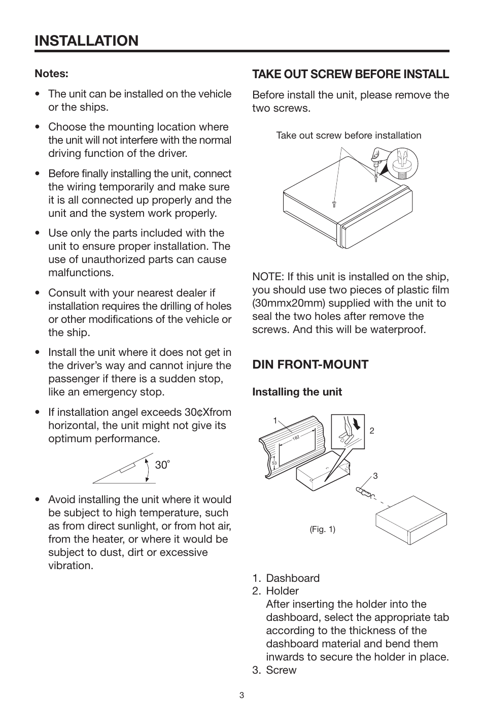 Installation, Take out screw before install, Din front-mount | Radio Shack PLCD15MR User Manual | Page 3 / 14