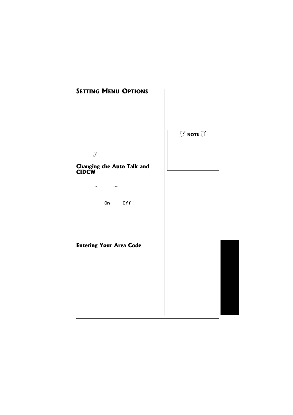 Setting menu options, Changing the auto talk and, Cidcw | Entering your area code | Radio Shack 43-3558 User Manual | Page 17 / 36