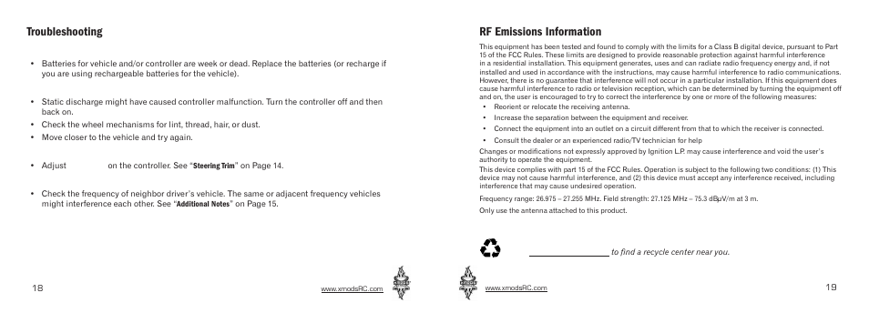 Troubleshooting, Rf emissions information | Radio Shack XMODS 60-483 User Manual | Page 10 / 11