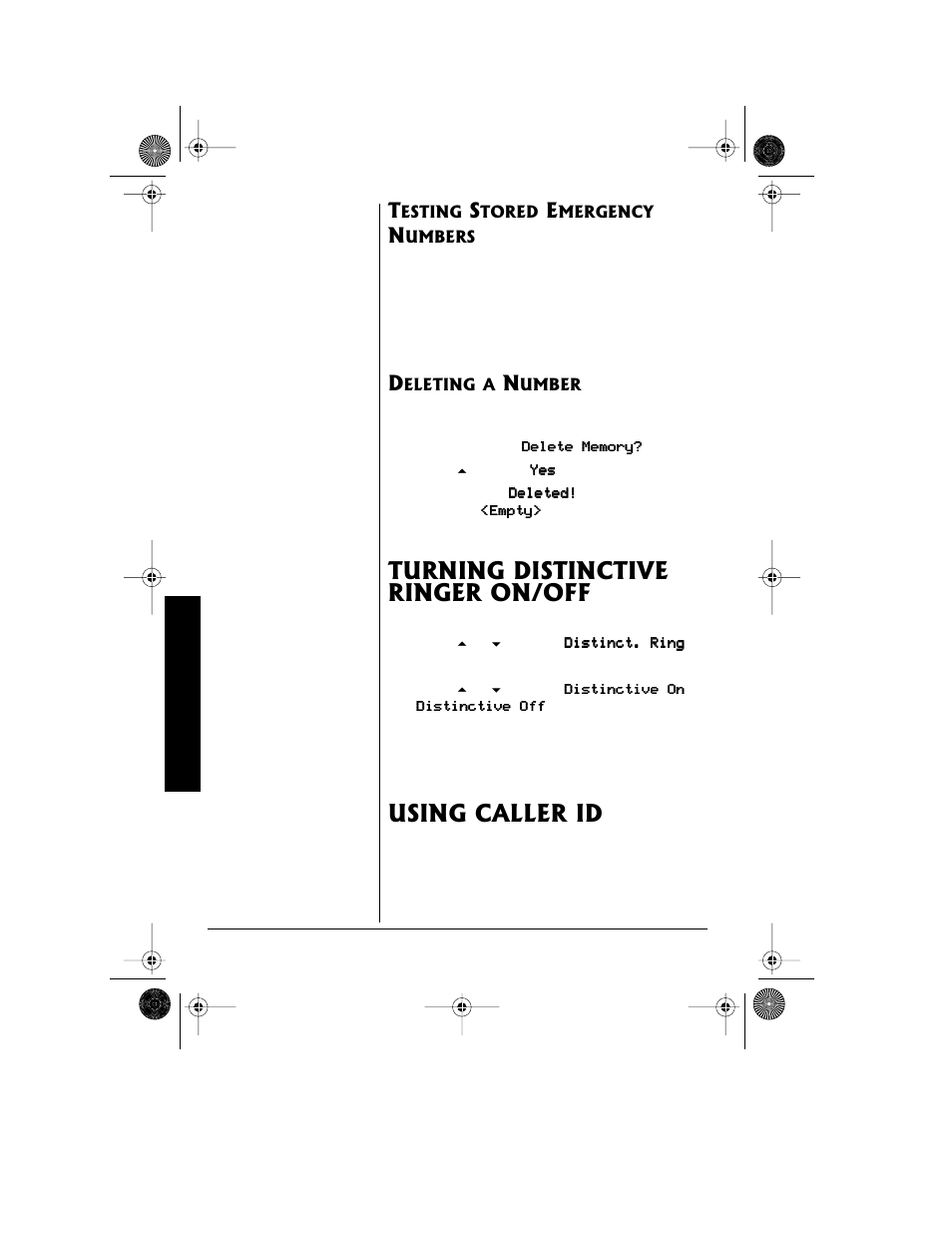 Testing stored emergency numbers deleting a number, Turning distinctive ringer on/off using caller id, Turning distinctive ringer on/off | Using caller id | Radio Shack 43-3815/43-3898 User Manual | Page 24 / 48