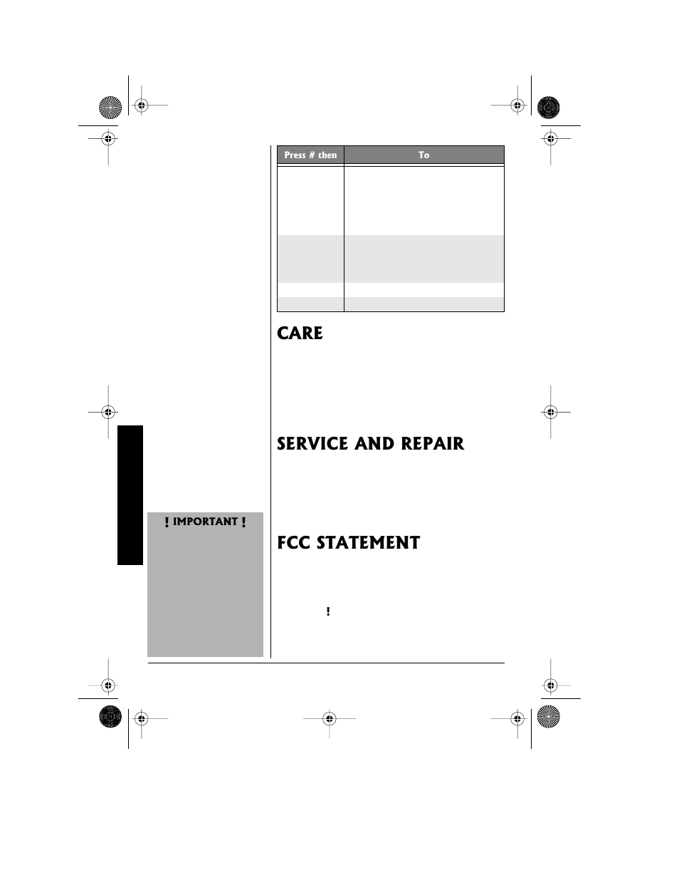 Care service and repair fcc statement, Care, Service and repair | Fcc statement | Radio Shack 43-3815/43-3898 User Manual | Page 44 / 48