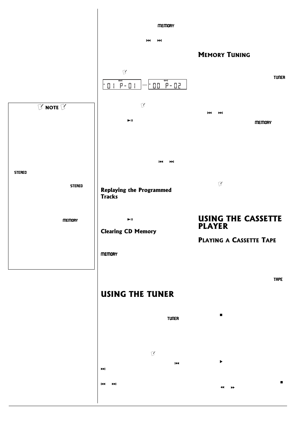 Replaying the programmed tracks clearing cd memory, Using the tuner, Memory tuning | Using the cassette player, Playing a cassette tape | Radio Shack 13-1317 User Manual | Page 4 / 8