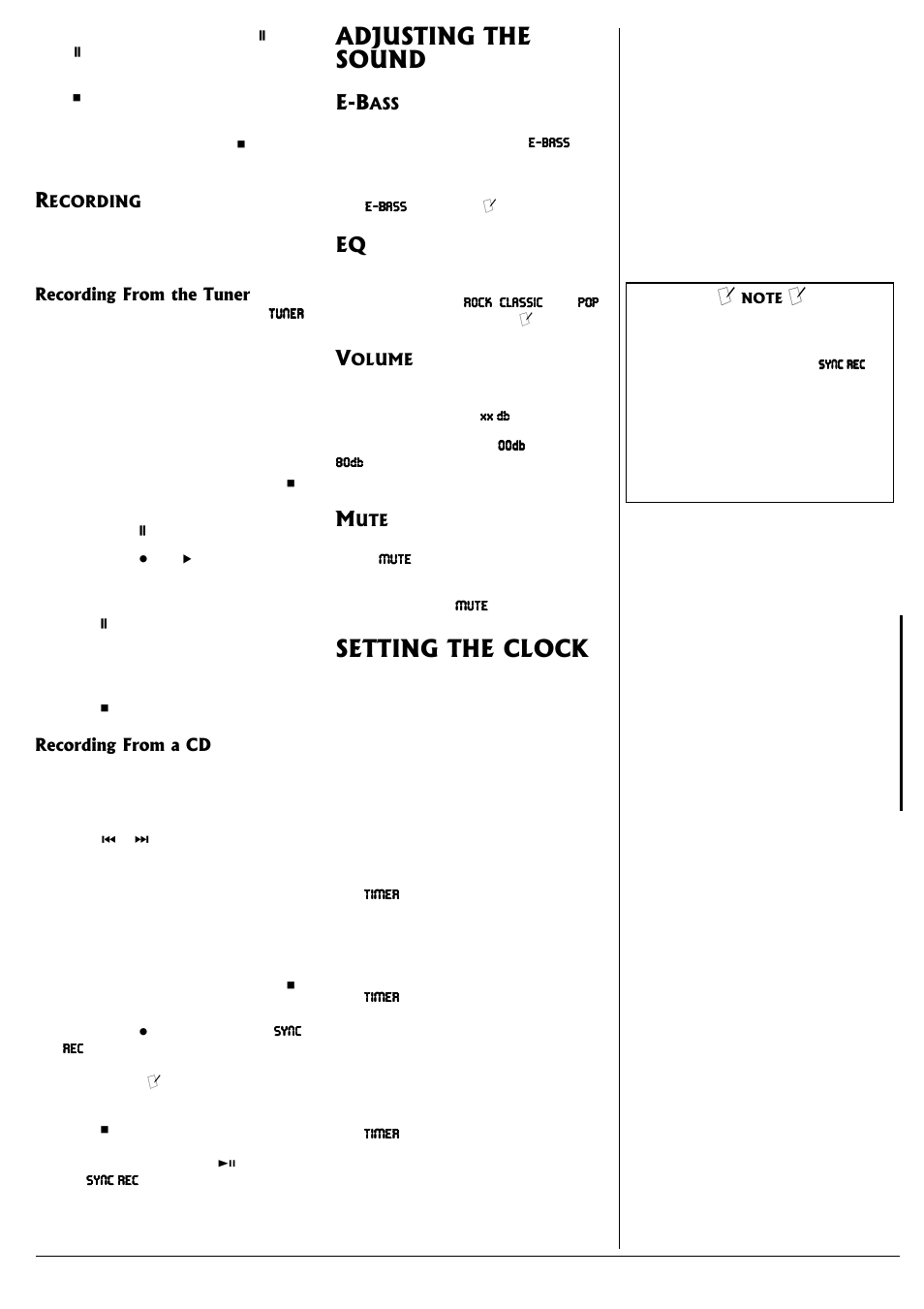 Recording, Recording from the tuner recording from a cd, Adjusting the sound | E-bass eq volume mute, Setting the clock | Radio Shack 13-1317 User Manual | Page 5 / 8